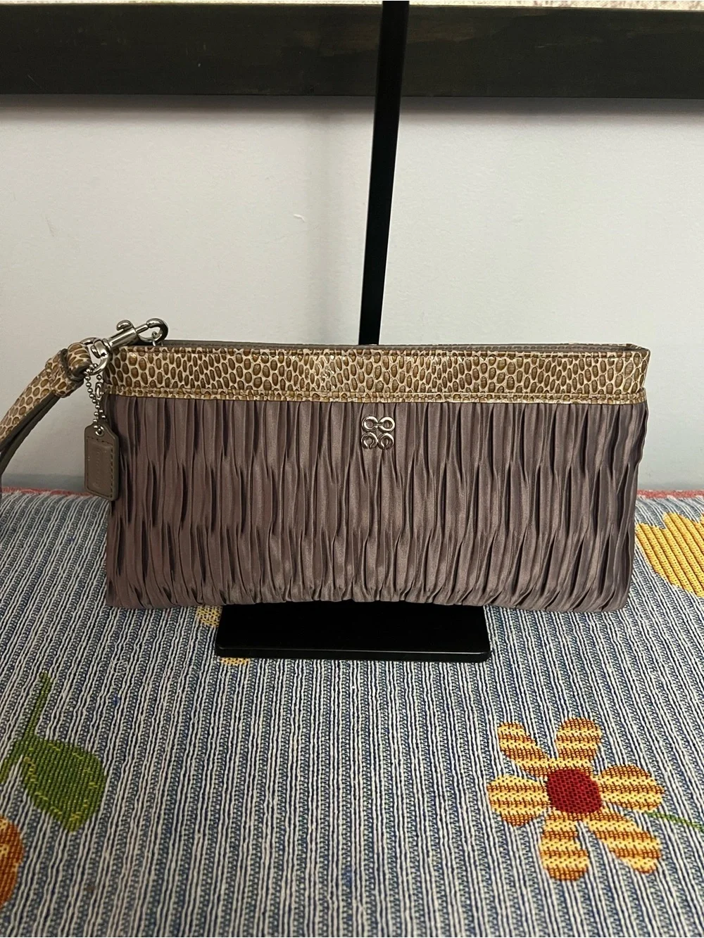Coach Taupe Pleated Wristlet with Tan and Python Accent